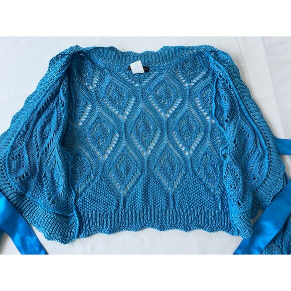 VTG Y2K American Attitudes sweater sz Med cropped flare sleeve crochet wrap blue - Picture 4 of 11